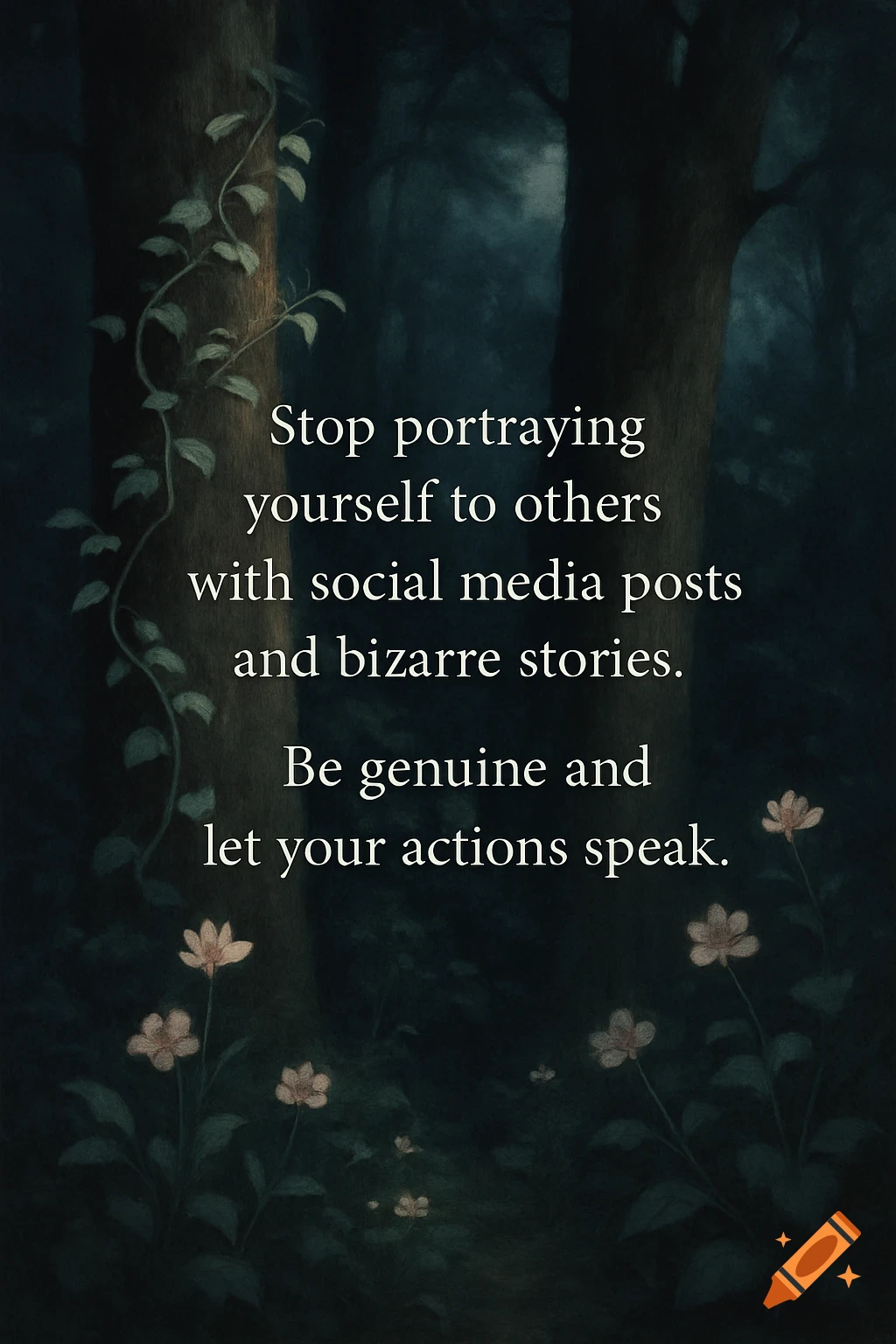 A moody dark forest scene with two large trees, vines, and small pink flowers, featuring the quote about being genuine.