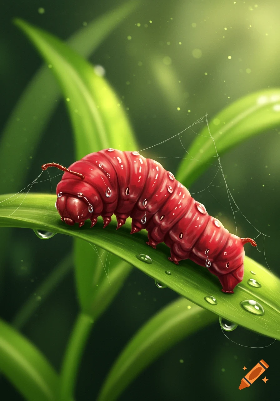 A detailed digital illustration of a crying red caterpillar covered in water droplets on a green leaf with spiderwebs.