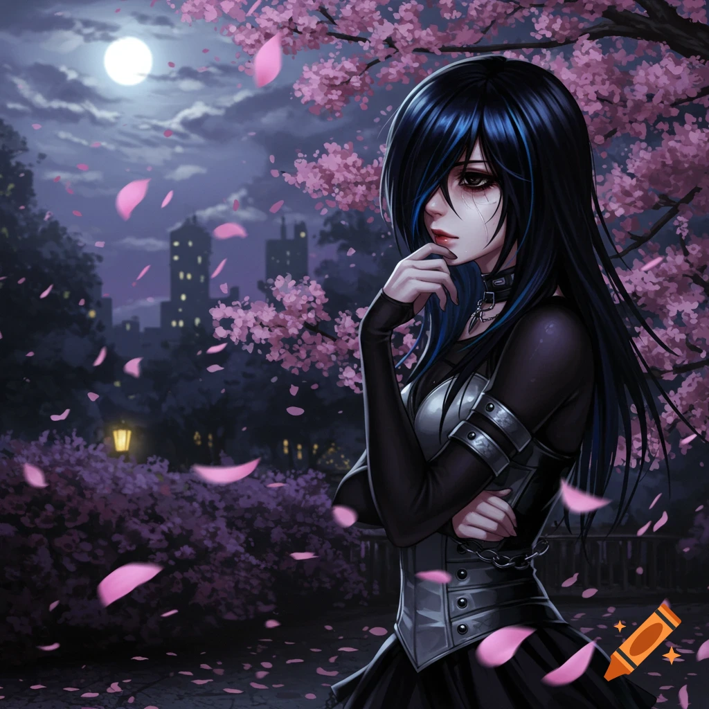 An emo anime girl with black hair and blue streaks stands pensively in a moonlit park with pink cherry blossoms falling around her.