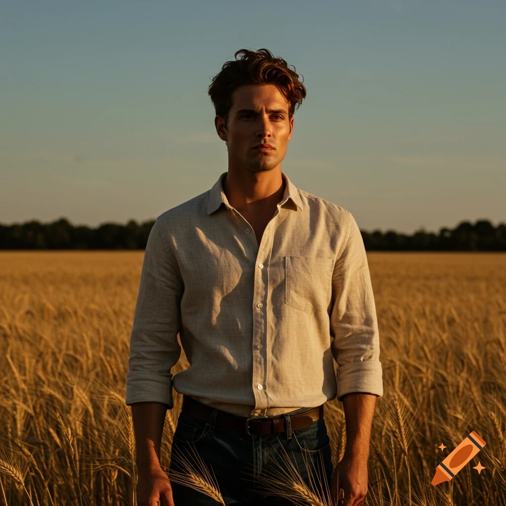 A man in a light shirt and jeans stands in a golden wheat field under a clear sky, looking directly forward.