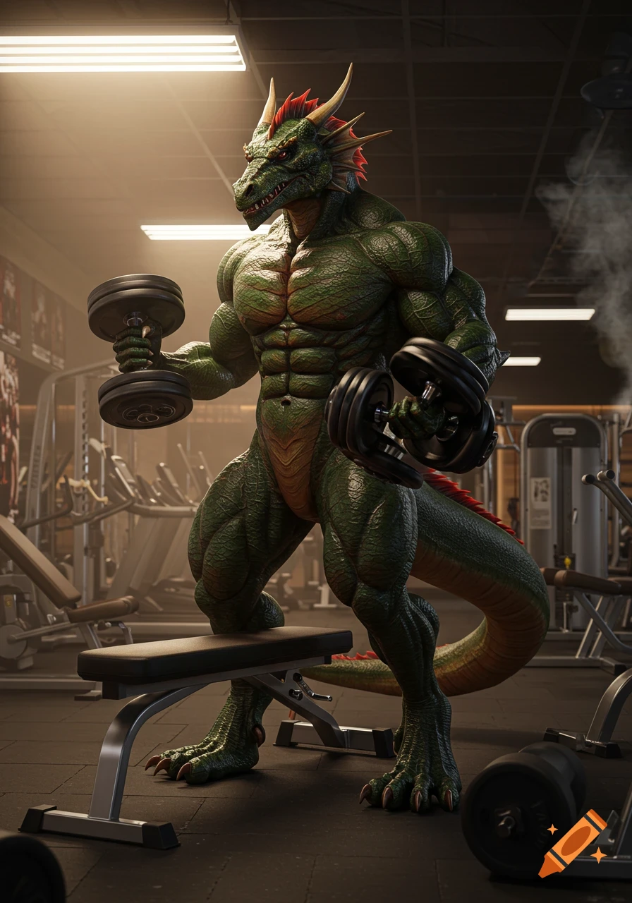 A muscular green dragon works out with dumbbells in a photorealistic gym setting.