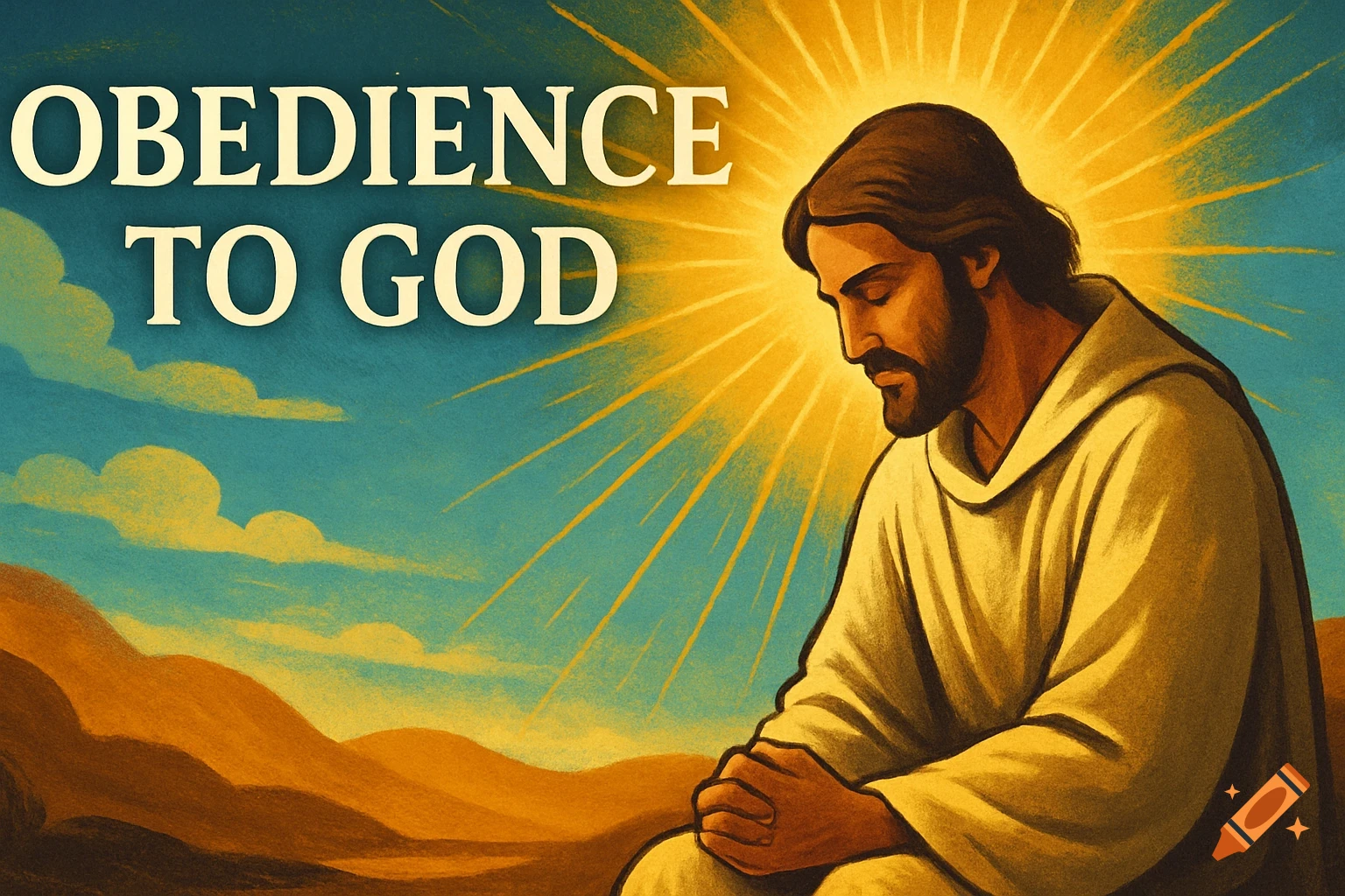 Illustration of Jesus in prayer against a vibrant sky with text 'Obedience to God'.