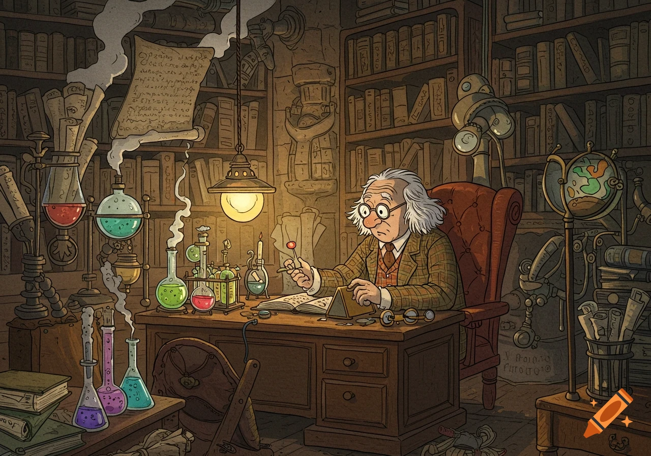 A cartoon illustration of an elderly, white-haired scientist with glasses, in a cluttered, steampunk-style laboratory. He sits at a wooden desk with beakers and an open book, holding a small red object. Various flasks with colorful liquids, smoking apparatus, and bookshelves fill the room.