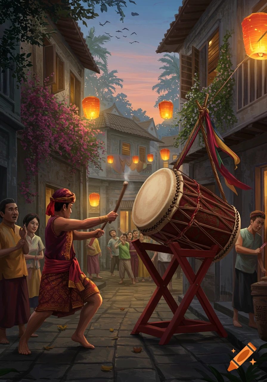 An illustrated scene of a man playing a large drum in a narrow street filled with people and glowing lanterns at dusk.