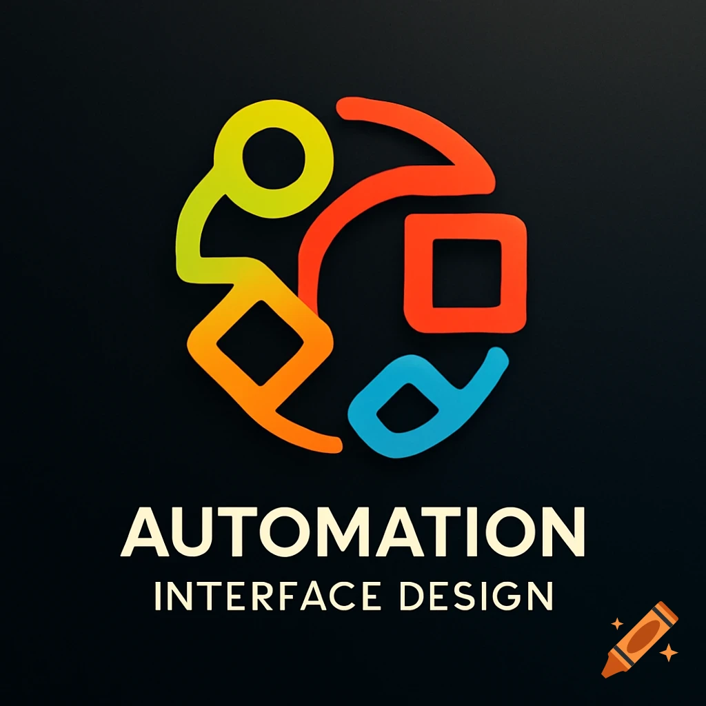 Abstract colorful logo on a dark background with the text 'AUTOMATION INTERFACE DESIGN'.