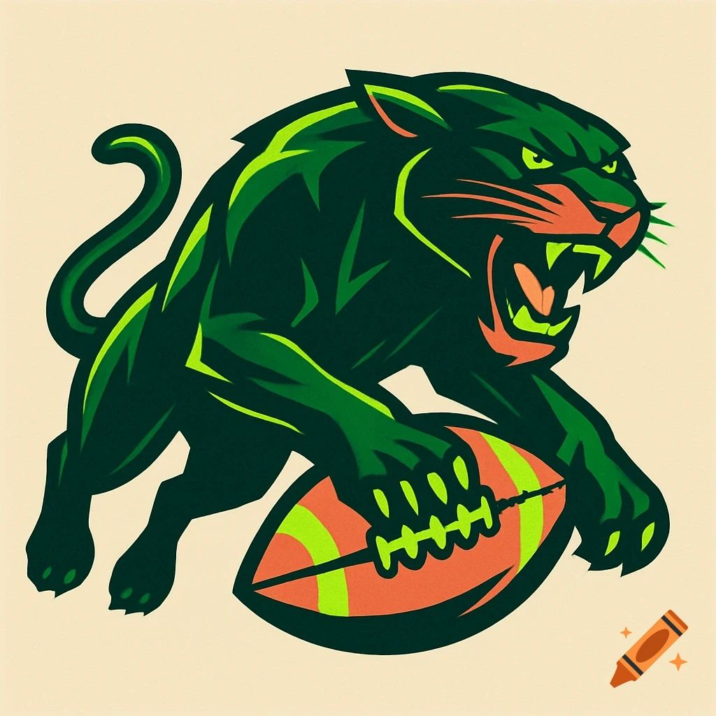 A stylized dark green and lime green panther mascot holding an orange American football.