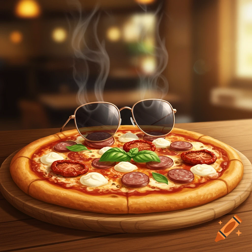A steaming pizza with pepperoni, cheese, sun-dried tomatoes, and basil leaves on a wooden board, with sunglasses on top.