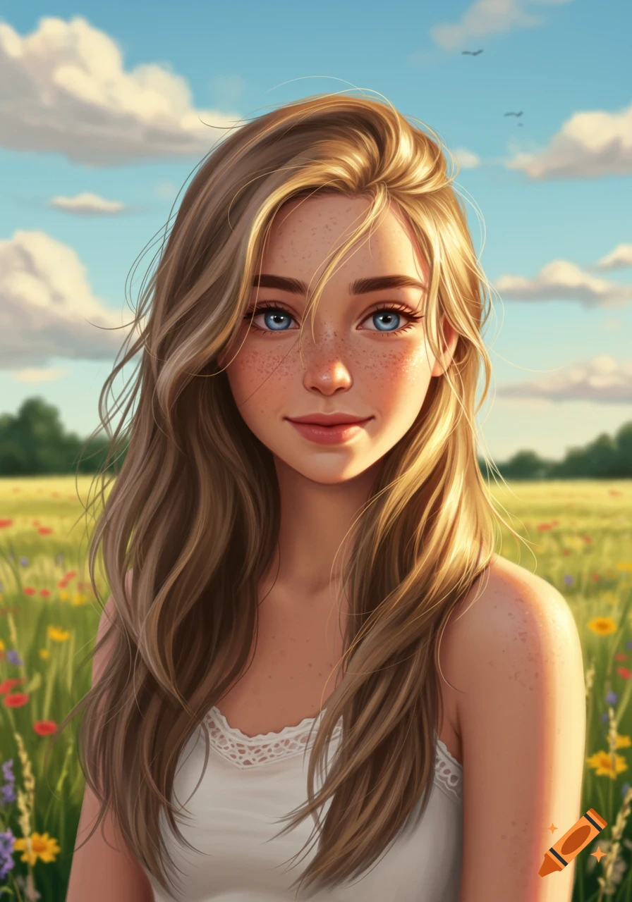 A beautiful young woman with long light brown hair and blue eyes stands in a sunny field of wildflowers in an illustrative style.