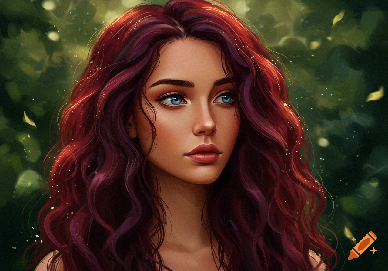 A digital painting of a woman with long, wavy dark red hair, blue eyes, and olive skin, against a sparkling green foliage background.