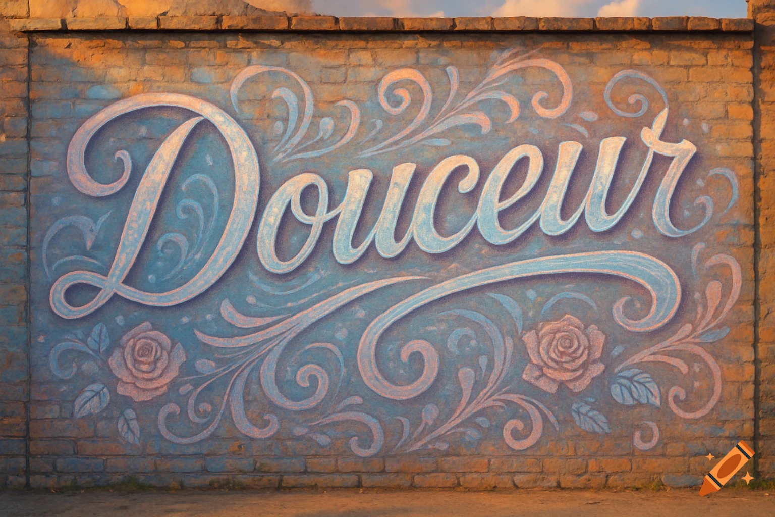 Decorative blue and pink graffiti spelling "Douceur" with swirls and roses on a brick wall, illuminated by warm light.