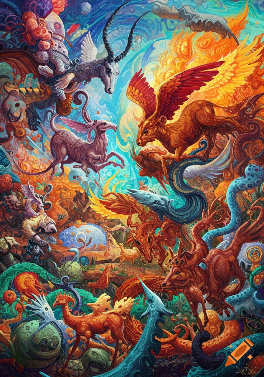 Vibrant, detailed psychedelic painting of intertwined fantastical creatures and abstract organic forms in a colorful, chaotic landscape.