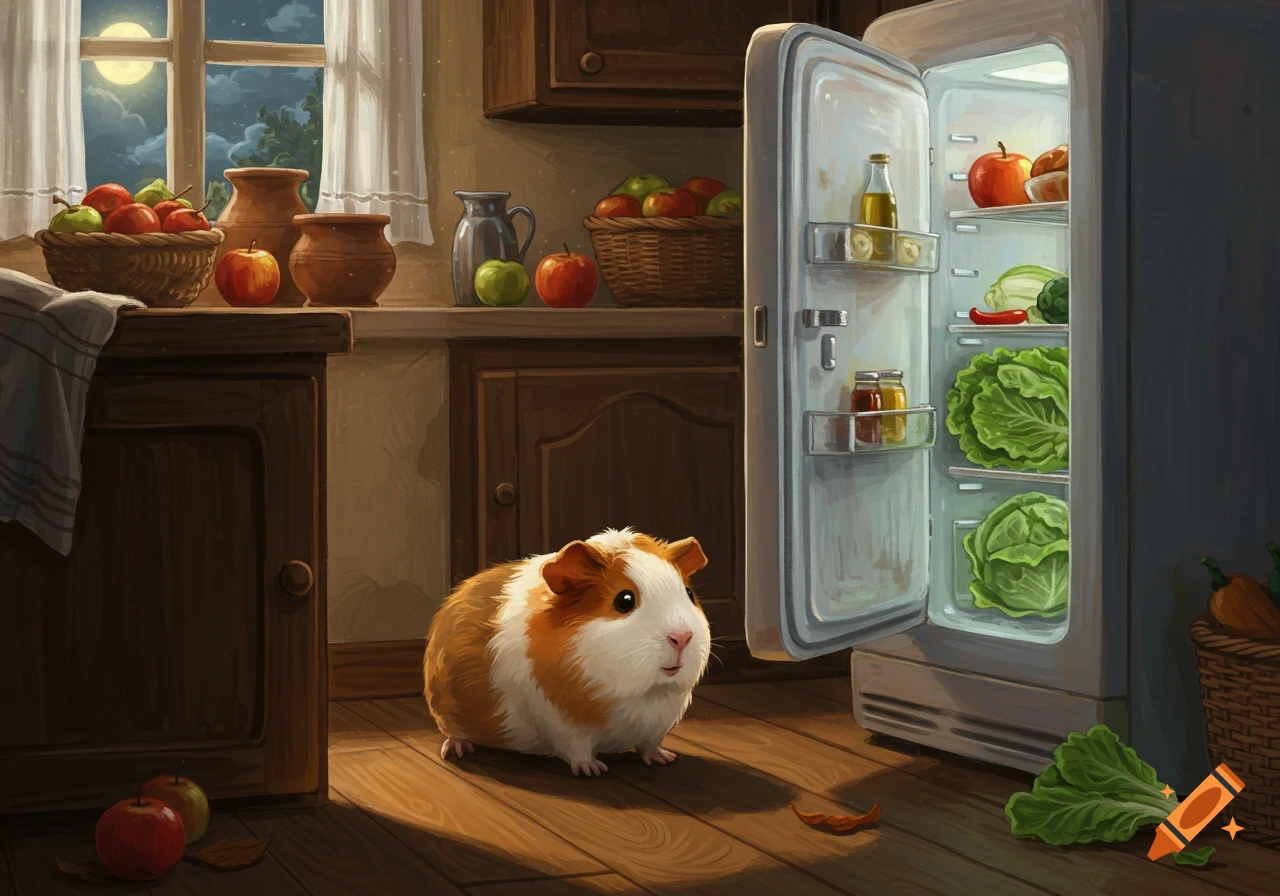 An illustration of a guinea pig on a wooden kitchen floor, looking intently at an open refrigerator full of vegetables at night.