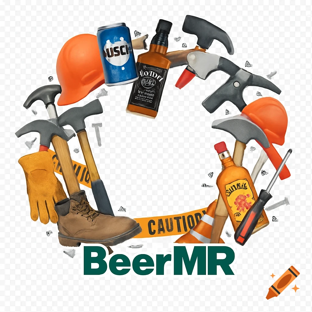 A circular arrangement of construction tools, a hard hat, a beer can, and whiskey bottles with 'BeerMR' text below.