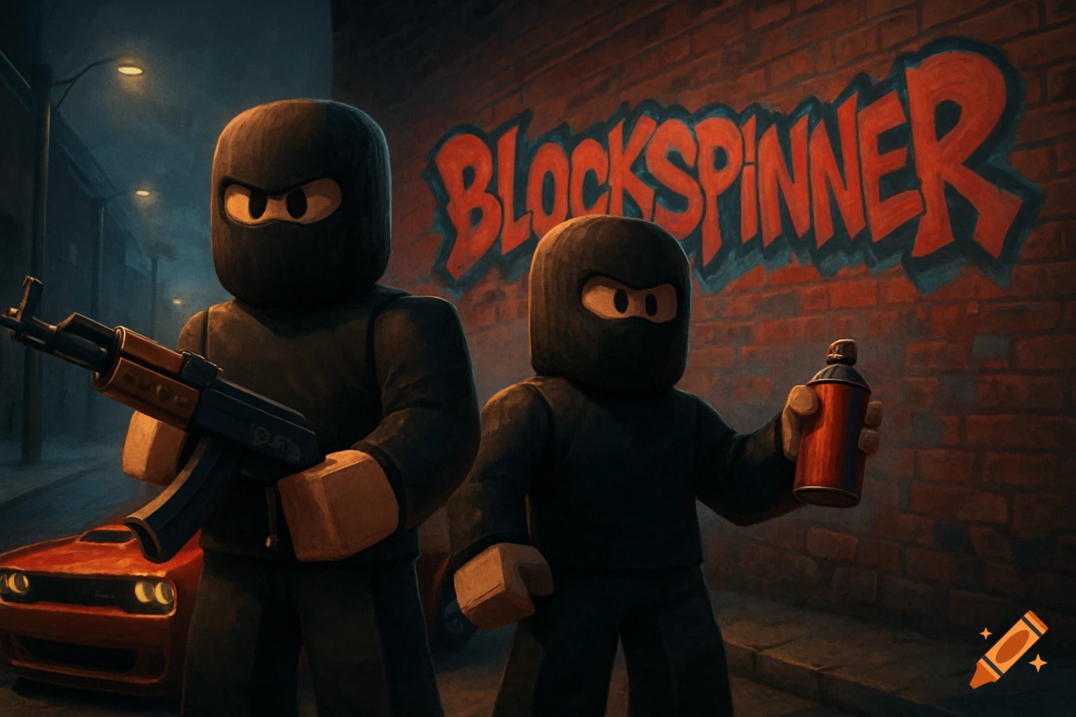 Two Roblox-style characters in balaclavas, one with an AK-47, the other with a spray can, stand in a dark alley with 'BLOCKSPINNER' graffiti on a brick wall and a red car in the background.