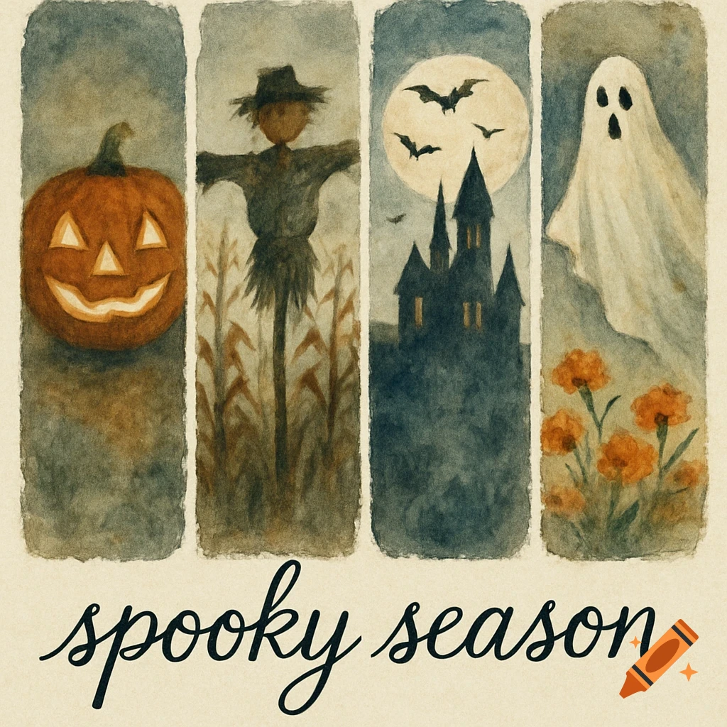 Watercolor collage with four panels: jack-o'-lantern, scarecrow, gothic castle with bats, and a ghost over flowers. Text reads 'spooky season'.