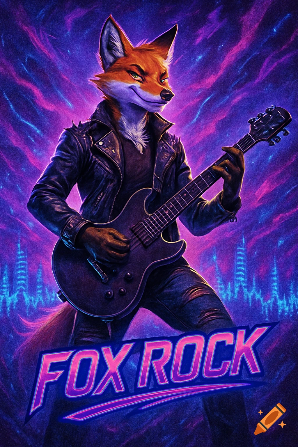 An anthropomorphic fox in a leather jacket plays an electric guitar against a vibrant purple and blue neon background, with 'FOX ROCK' at the bottom.