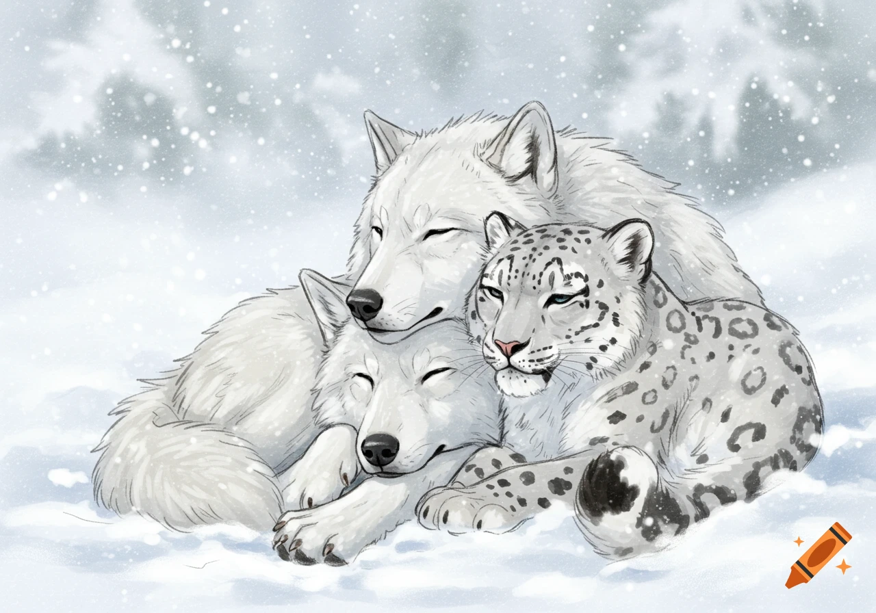 Two white wolves and a snow leopard cuddling and sleeping in falling snow, illustrated in a sketch style.