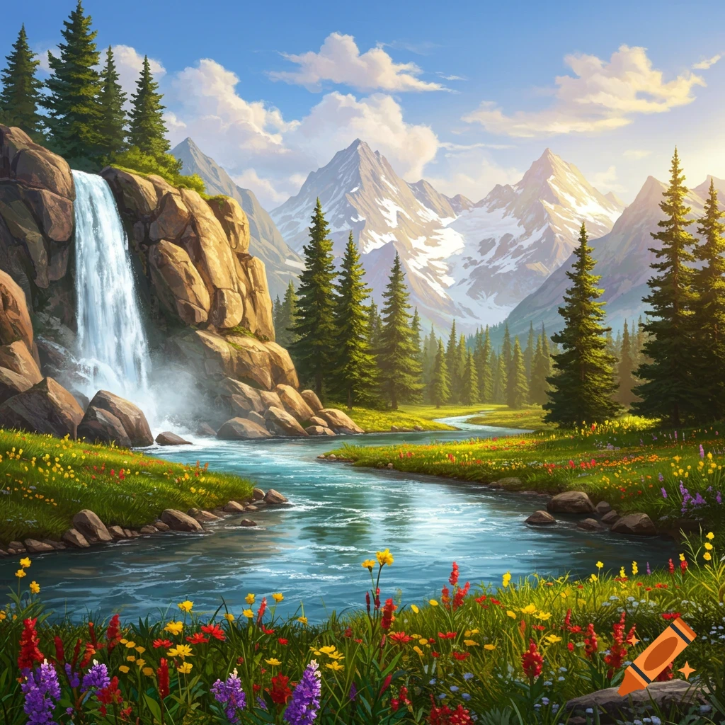 Mountain waterfalls on Craiyon