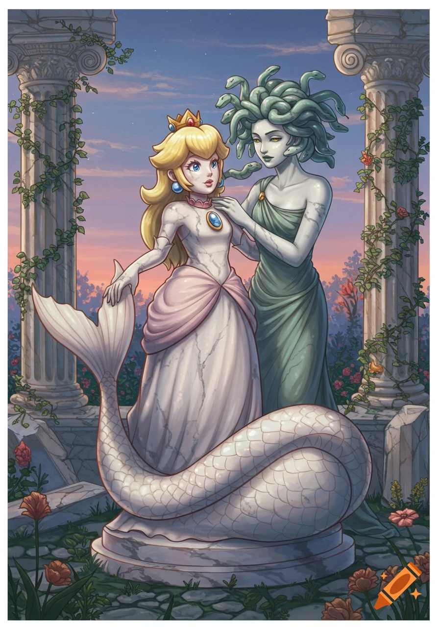 Princess Peach as a marble mermaid statue, touched by Medusa, in an illustrated classical ruin scene.