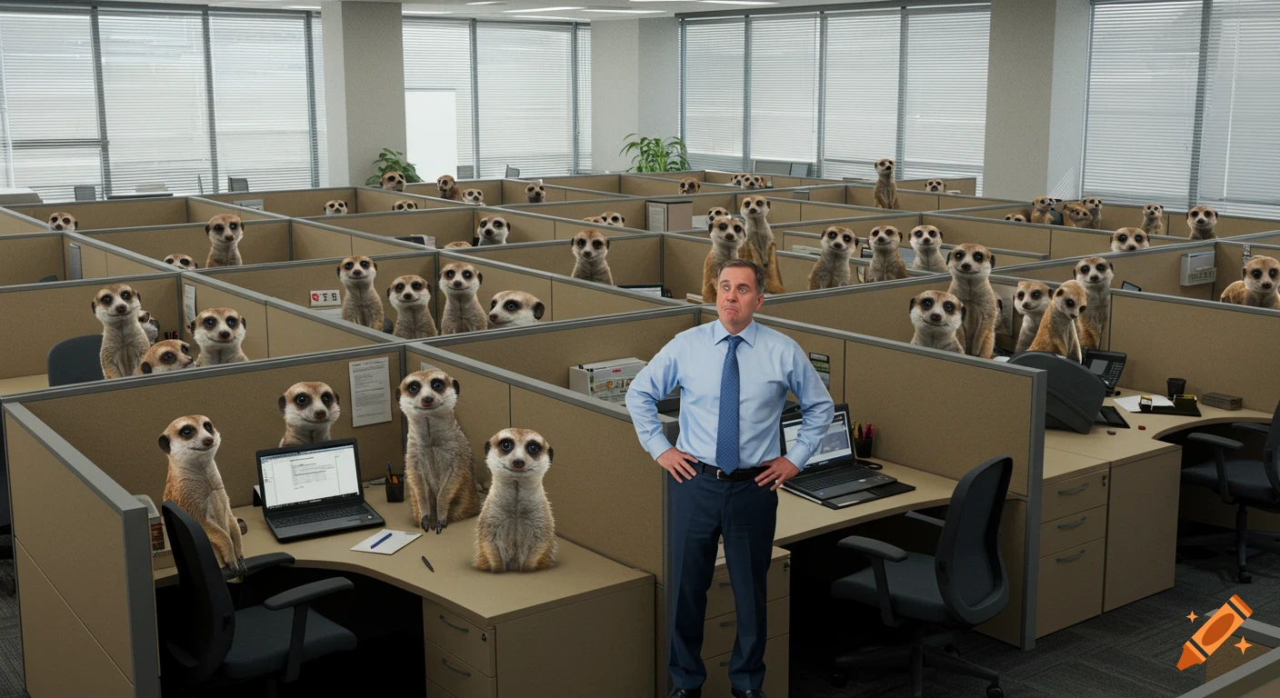 Photorealistic image of a man in a blue shirt standing in an office cubicle farm filled with many eager meerkats.