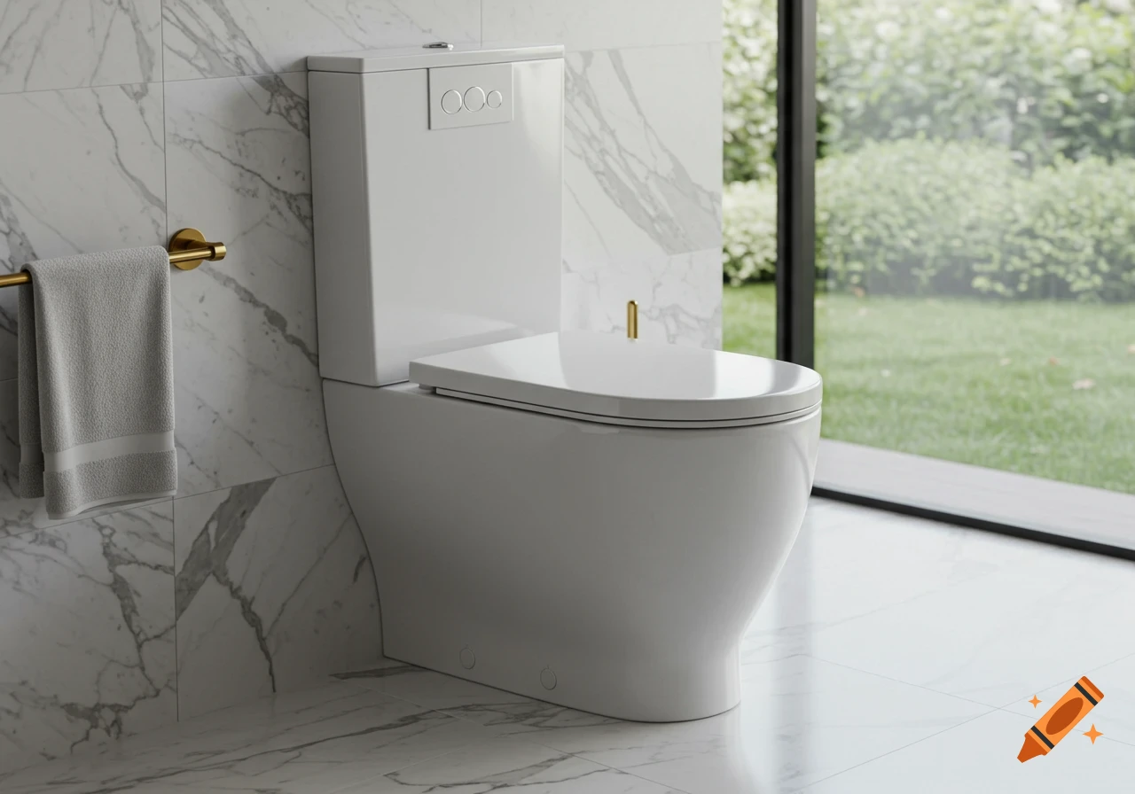 A modern white toilet in a luxurious bathroom with marble walls and a large window looking out onto a green lawn.