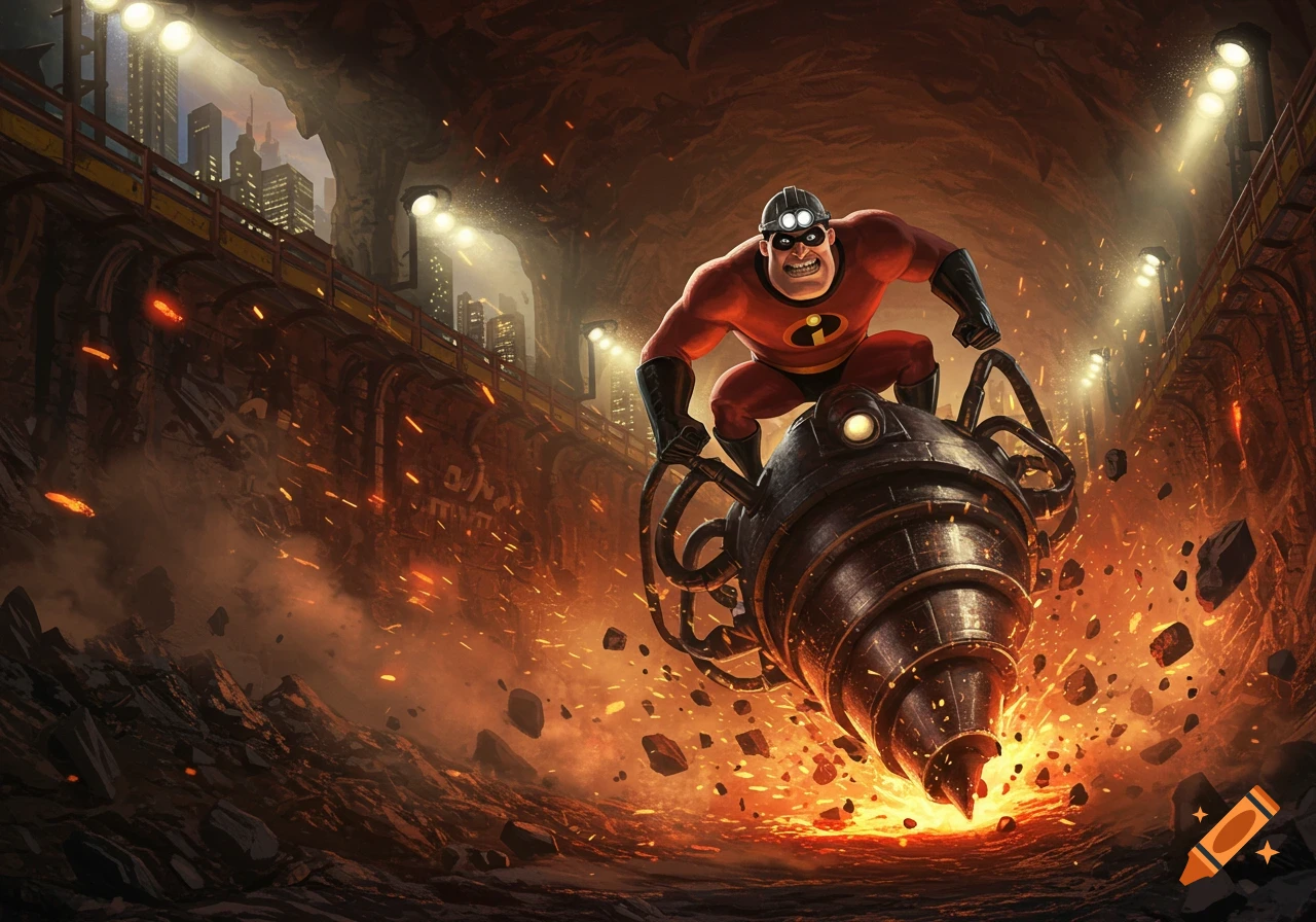 The Underminer, a cartoon villain, rides a massive drill through a fiery underground tunnel as a city looms in the background.