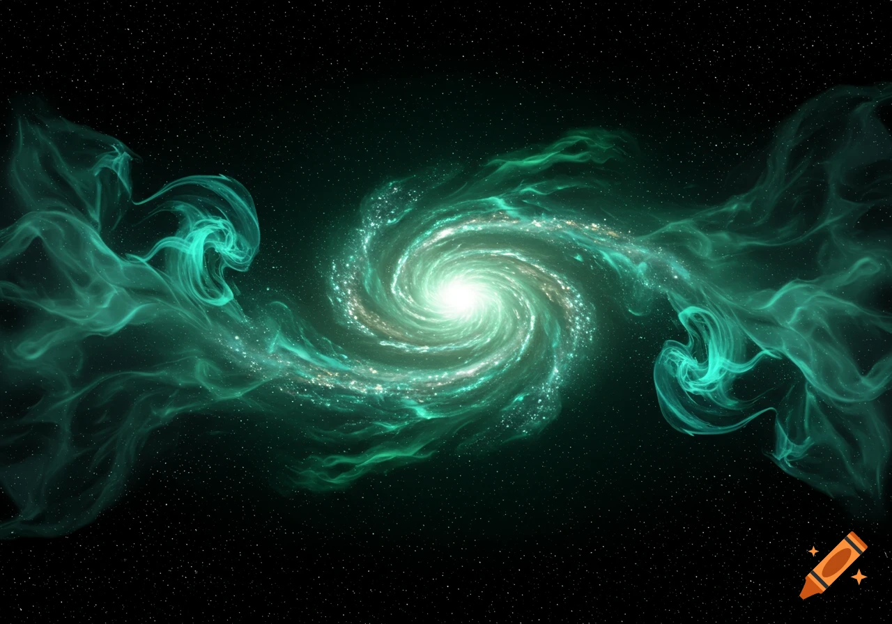 A vibrant green and white spiral galaxy surrounded by swirling green nebulae and stars in deep space.