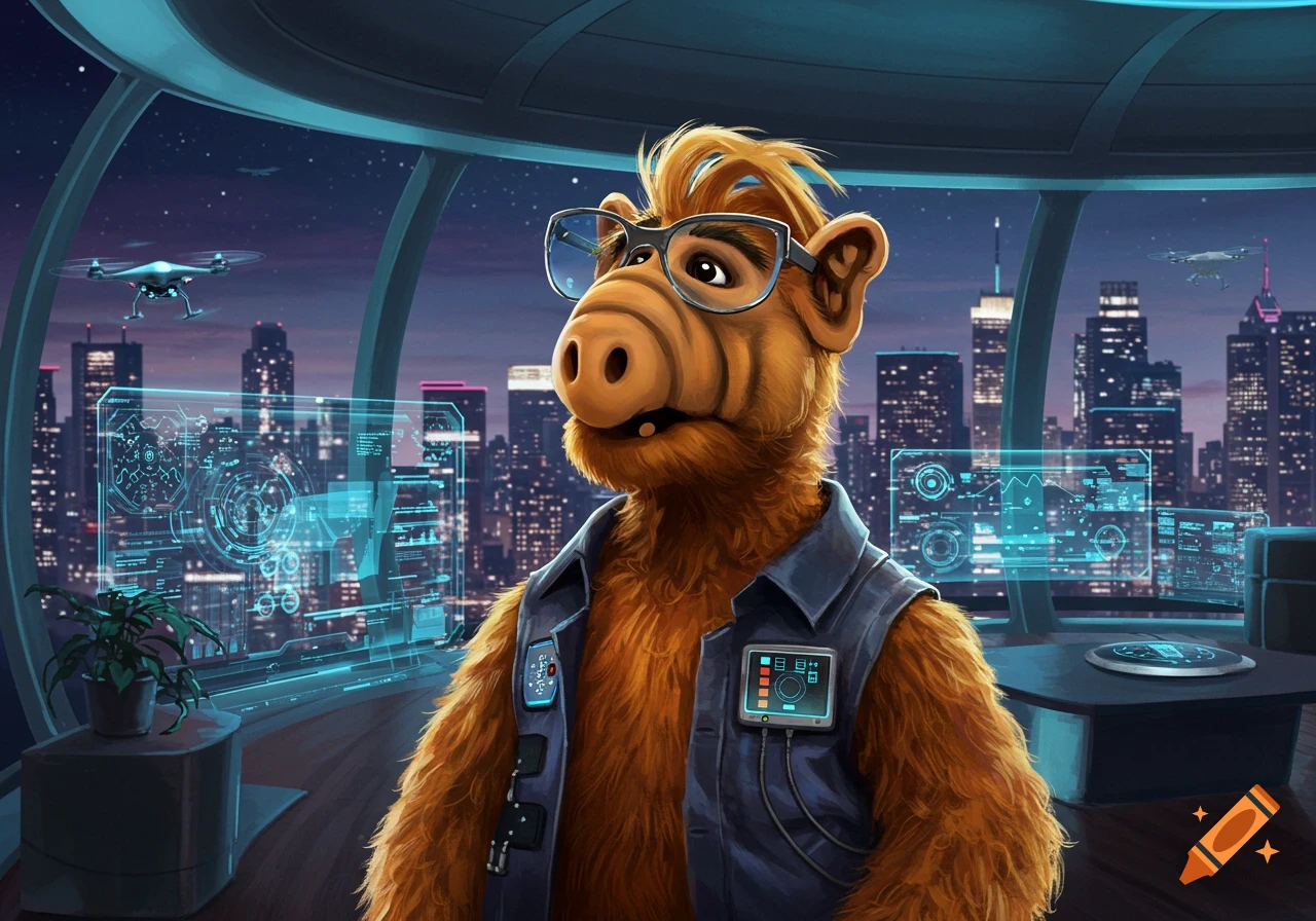 ALF, the alien puppet, in a futuristic control room overlooking a cityscape at night with drones and holographic screens.