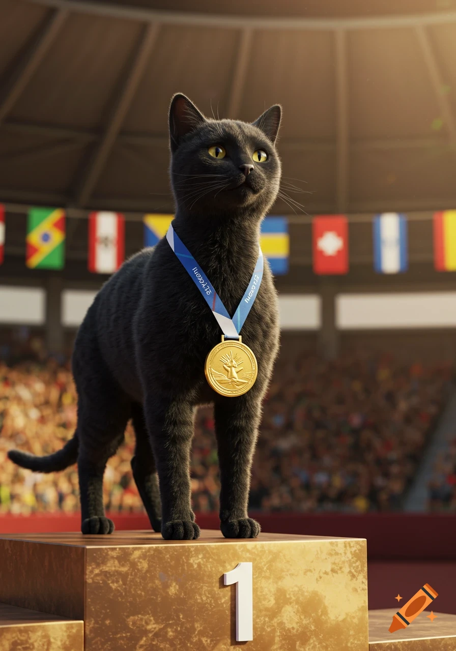 A photorealistic black cat stands on a gold number one podium, wearing a gold medal, inside a sunlit Olympic stadium.