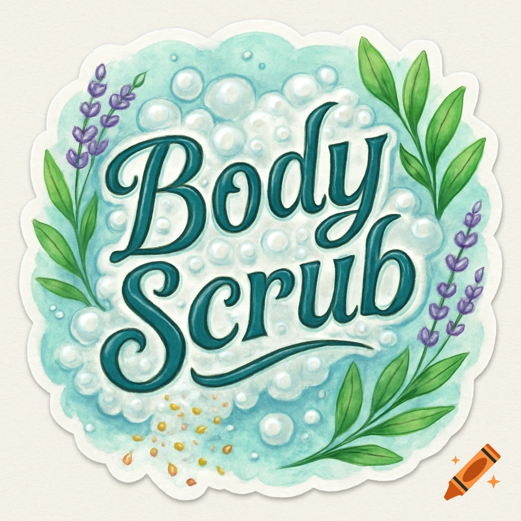 Watercolor sticker for 'Body Scrub' with bubbles, lavender, and green leaves.