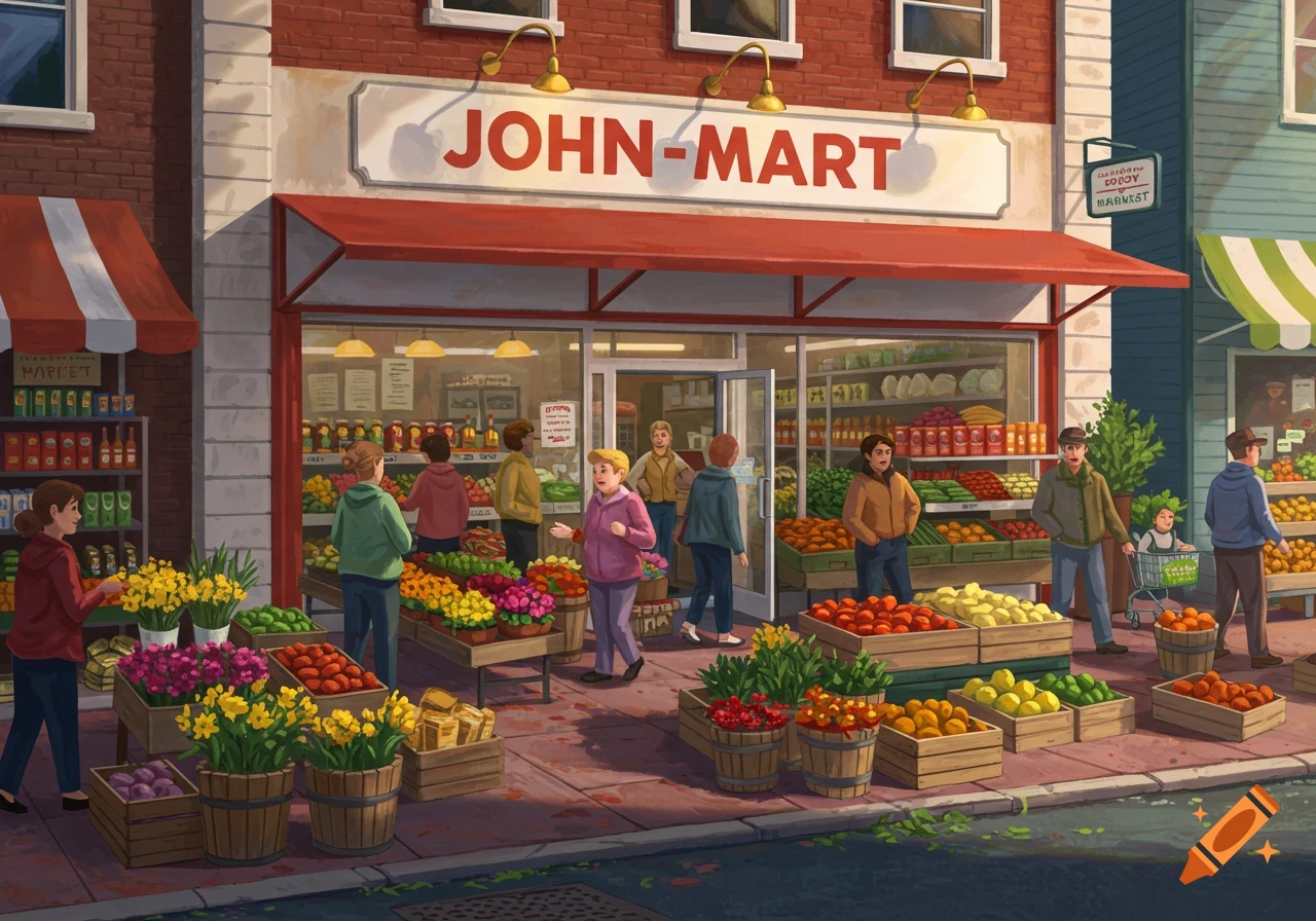 An illustration of people shopping outside and inside a "JOHN-MART" grocery store, with produce, fruits, and flowers on display.
