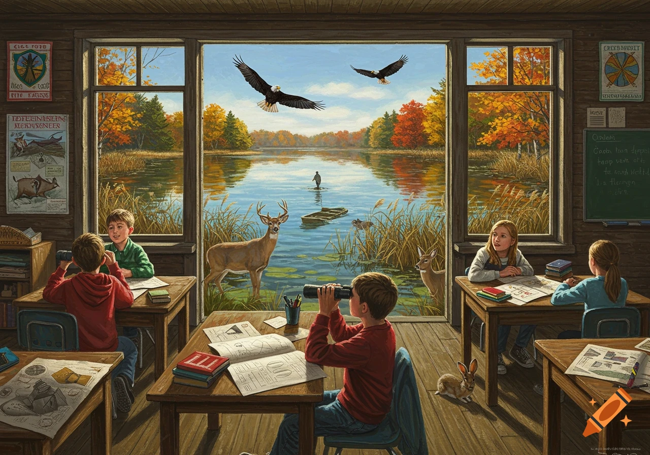 Children in a classroom look out a large window at a serene lake with deer, a rabbit, and eagles flying, surrounded by autumn trees. Some children use binoculars.