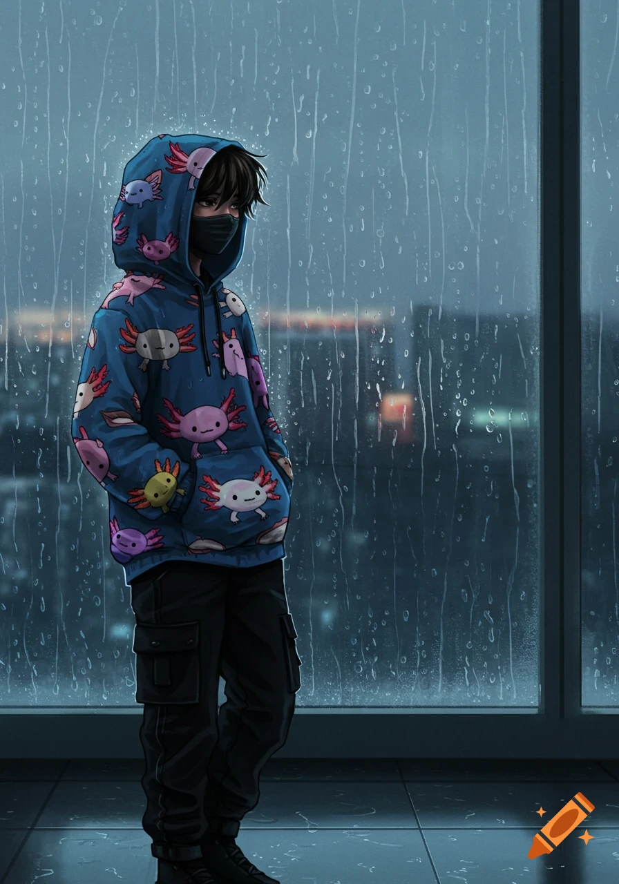 A stylized boy in a blue axolotl print hoodie and black cargo pants looks out a rainy window.