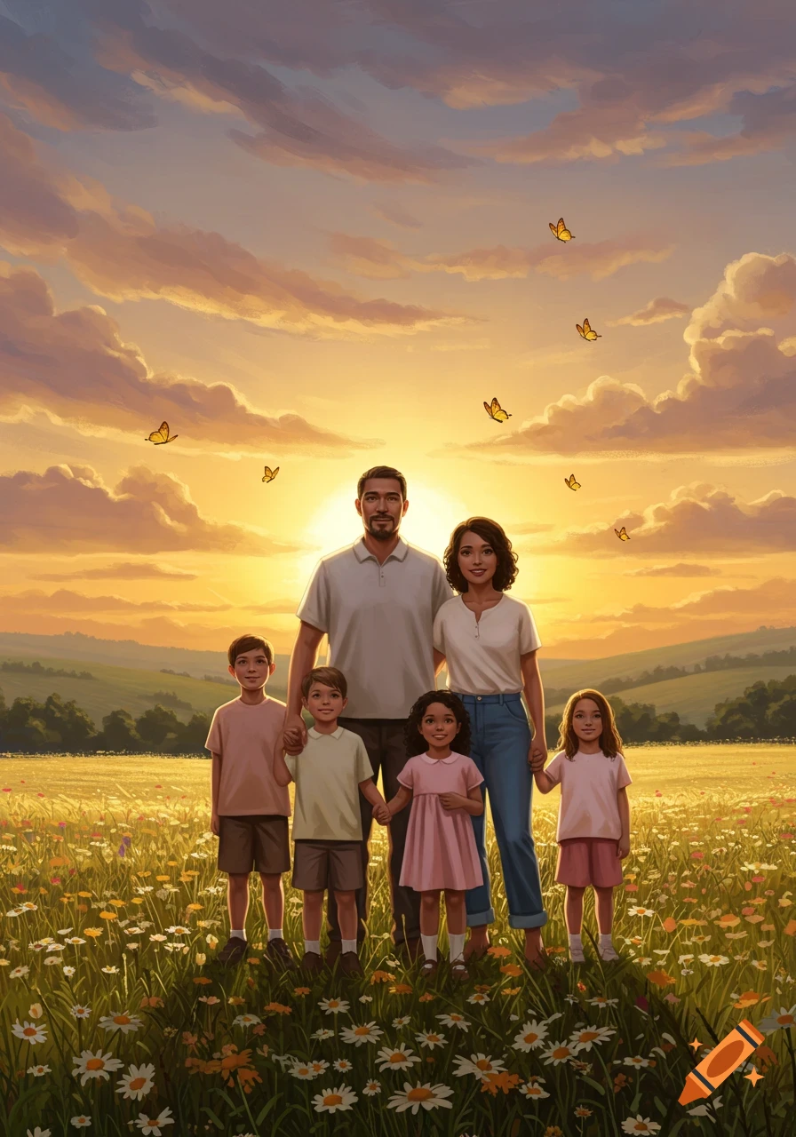 A diverse family of six stands in a field of daisies at sunset with butterflies, in a digital painting style.