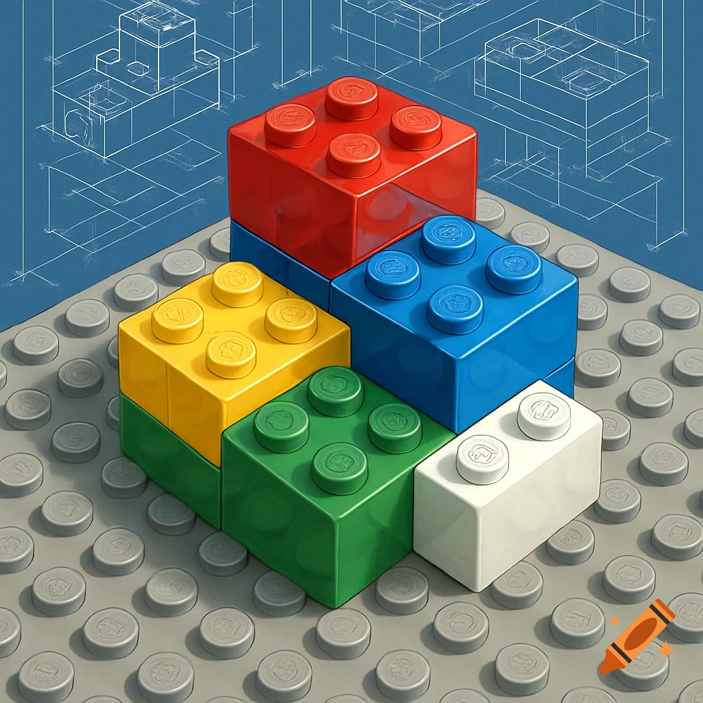 Colorful Lego blocks assembled on a grey baseplate, with a background featuring white architectural blueprint lines.