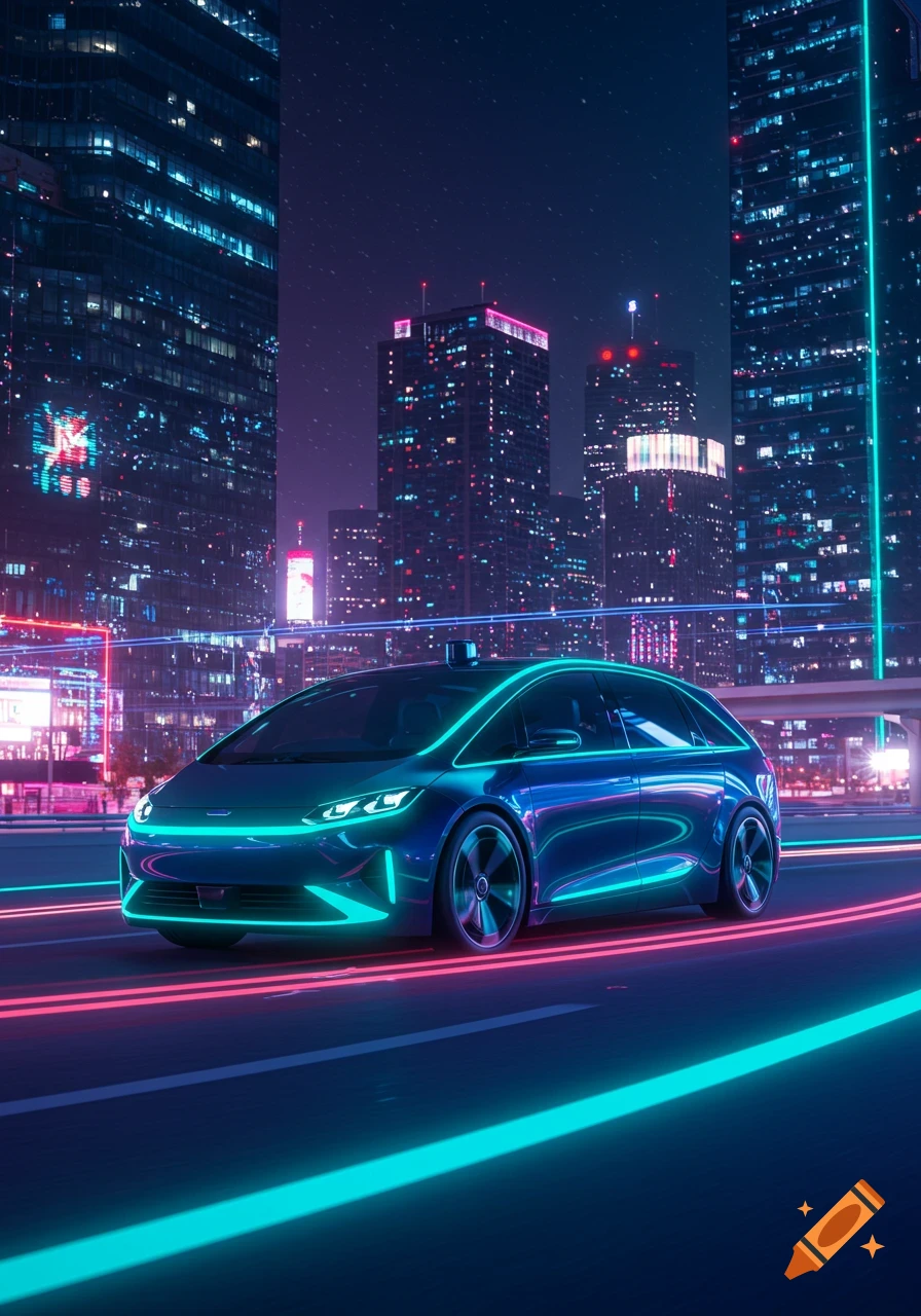 A sleek, dark blue futuristic car with glowing neon teal outlines drives on a neon-lit road through a towering cyberpunk city at night.