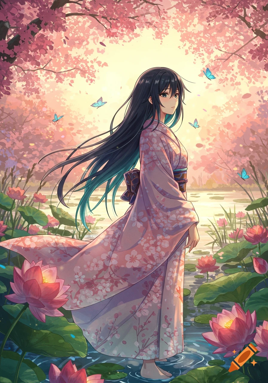 An anime girl in a pink kimono stands in a water pond with lotus flowers and cherry blossoms under a bright sky.