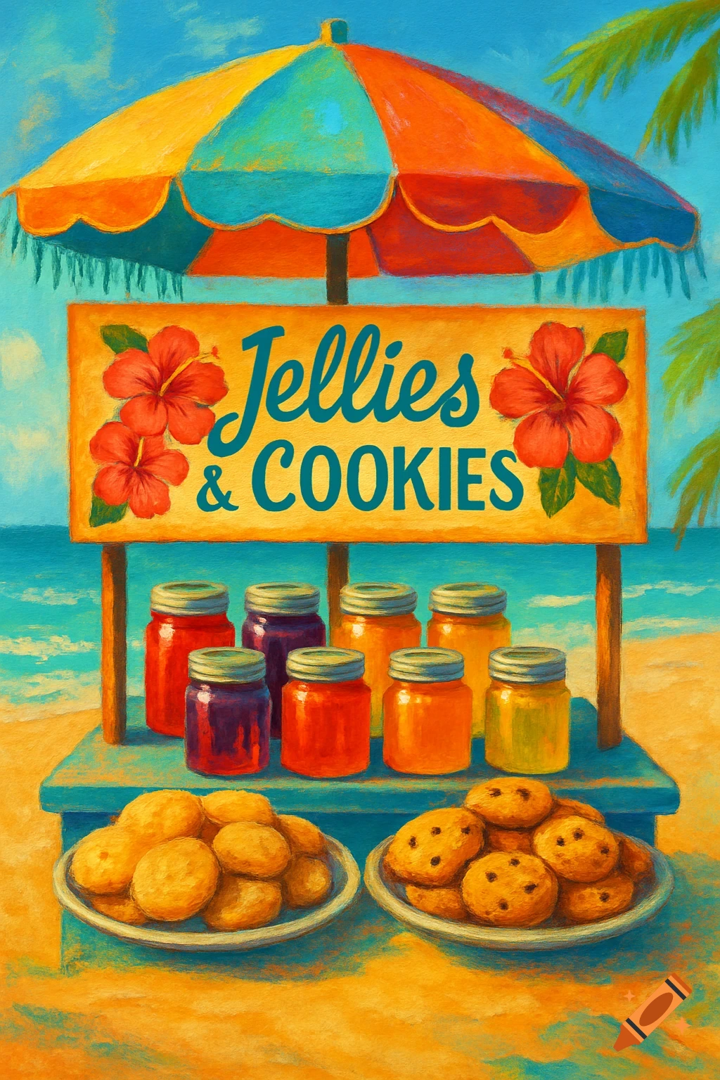A colorful beach stall with a sign saying 'Jellies & COOKIES', jars of jelly, and plates of cookies, painted in a vibrant, textured style.