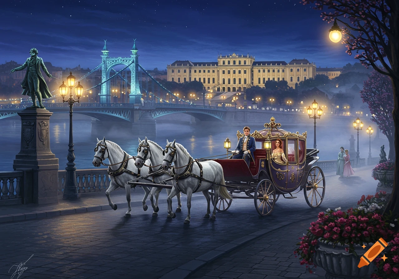 A night scene with a grand, ornate horse-drawn carriage pulled by three white horses on a promenade, an illuminated bridge and palace in the background, and a statue of Johan Strauss nearby.