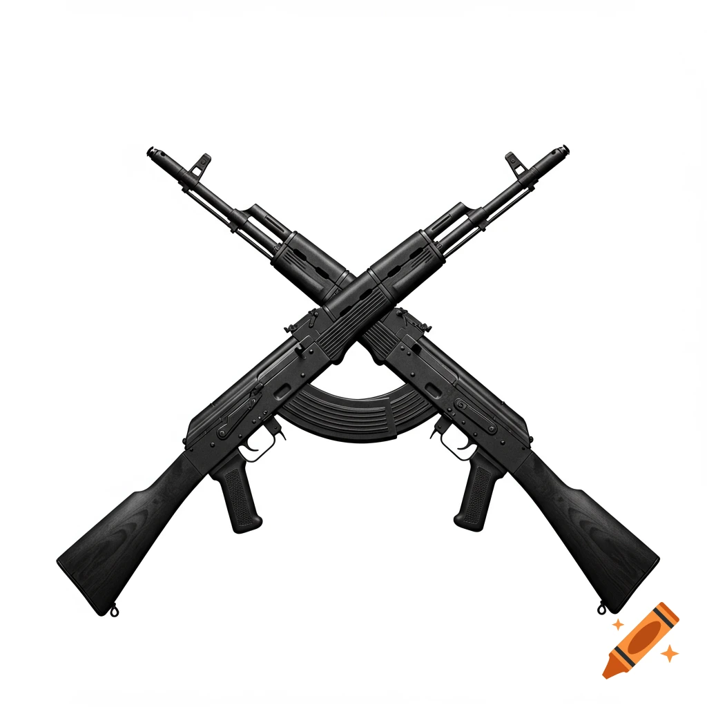 Two black AK-47 rifles crossed against a white background in a detailed studio shot.