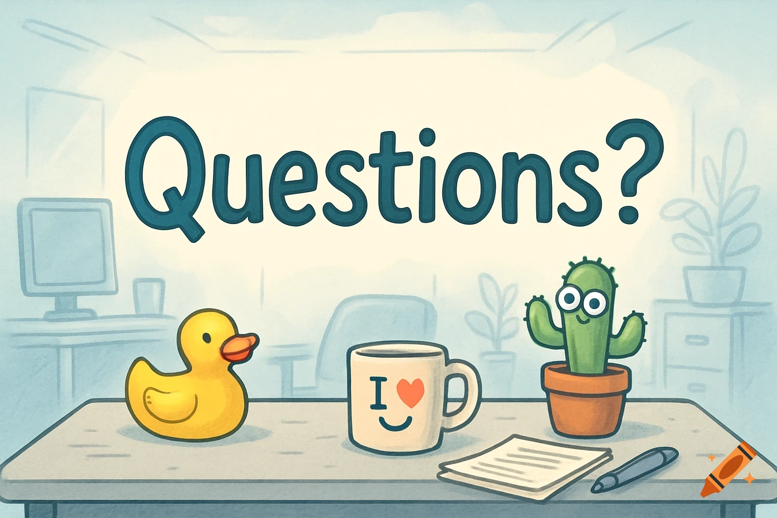 Cartoon illustration of an office desk with a rubber duck, coffee mug, and cactus, under the word 'Questions?'.
