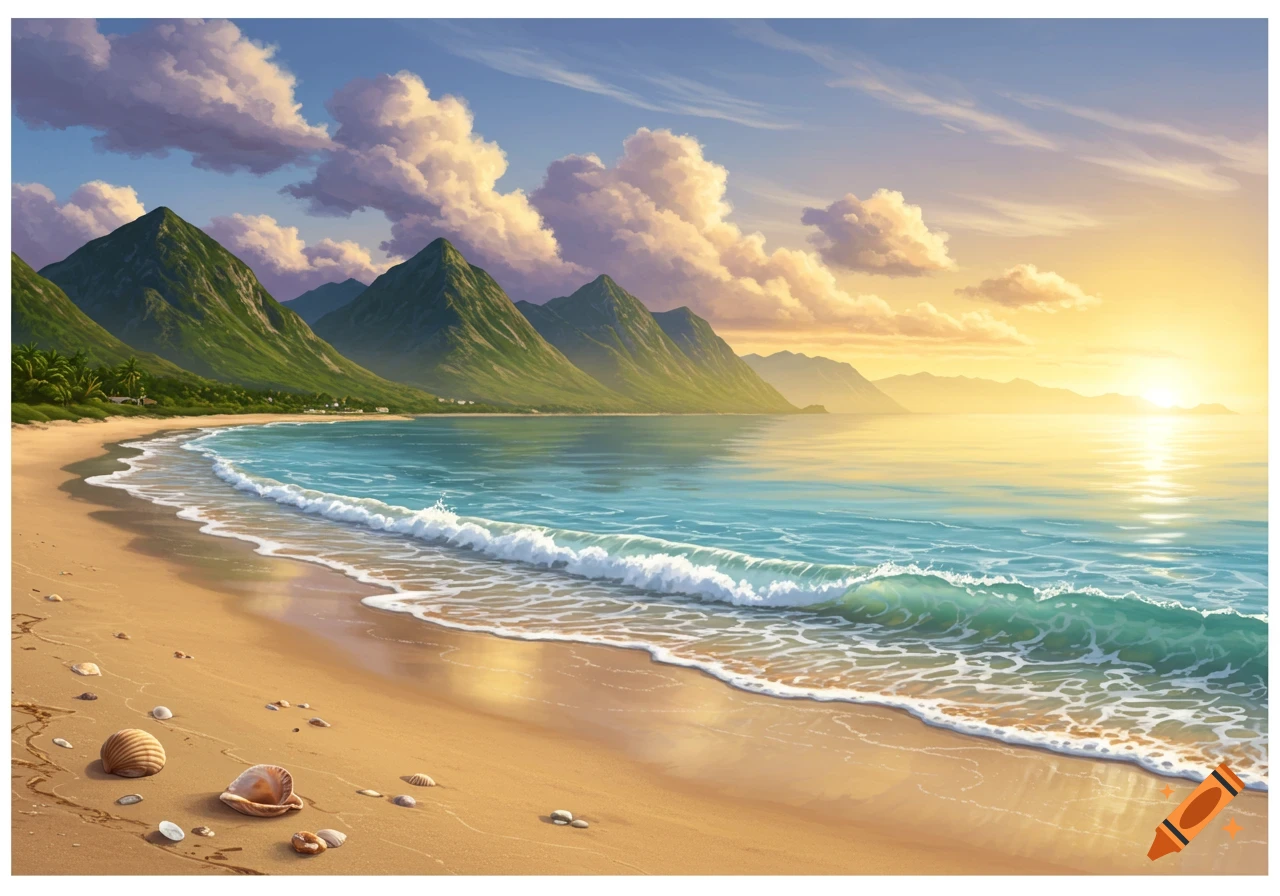 A vibrant illustration of a serene beach at sunset, with waves gently washing ashore, seashells on the sand, and green mountains in the background.