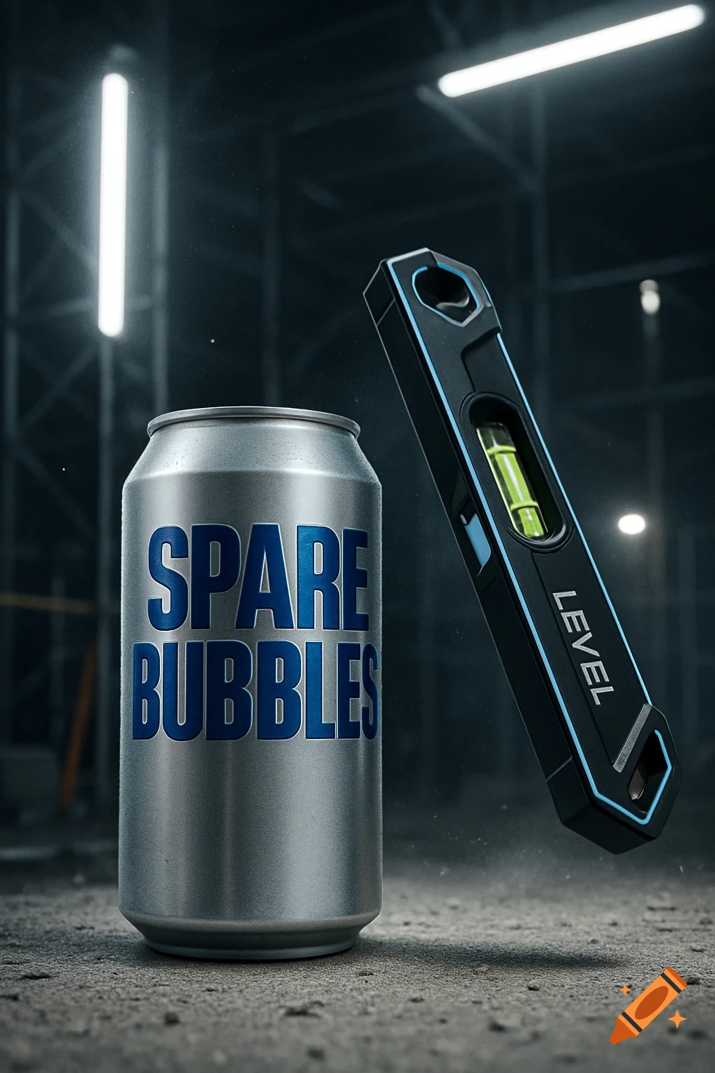 A silver can labeled 'SPARE BUBBLES' stands on a concrete floor next to a black and blue construction level tool, in a dark, industrial setting.
