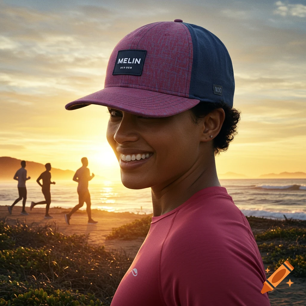 Woman smiling, wearing a Melin hat, with runners on a beach at sunset in the background. Photorealistic style.