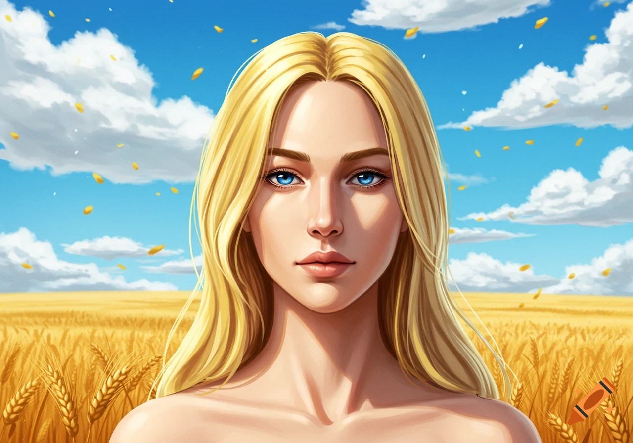 A woman with long blonde hair and blue eyes stands in a golden wheat field under a blue sky with clouds.