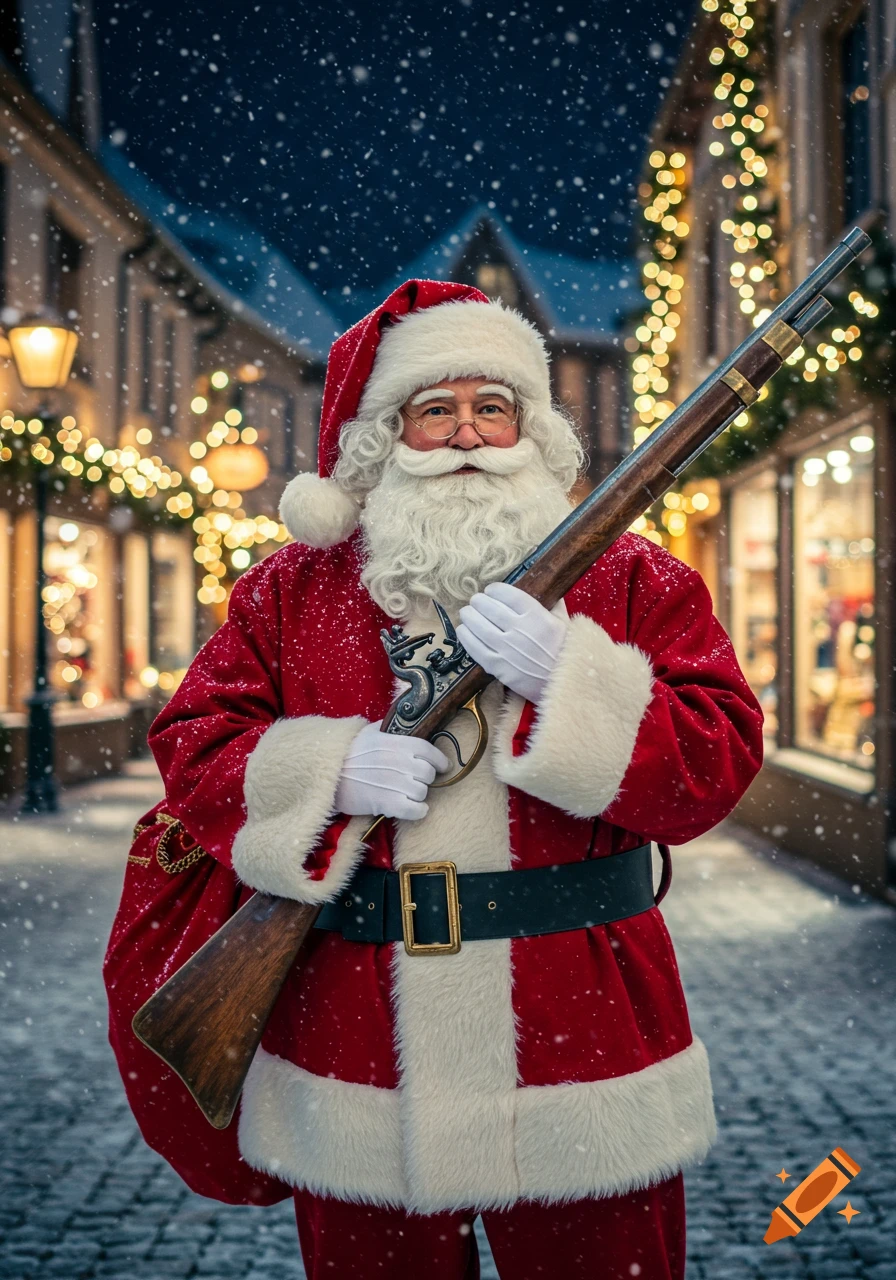 Photorealistic image of Santa Claus in a red suit holding a musket on a snowy street lined with glowing Christmas lights.