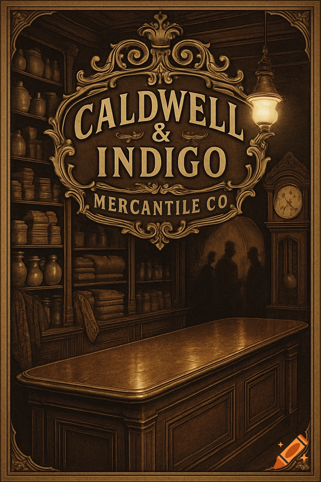 A vintage-style sepia-toned poster for Caldwell & Indigo Mercantile Co. showing a dimly lit general store interior with shelves, a long counter, and shadowy figures in the background.