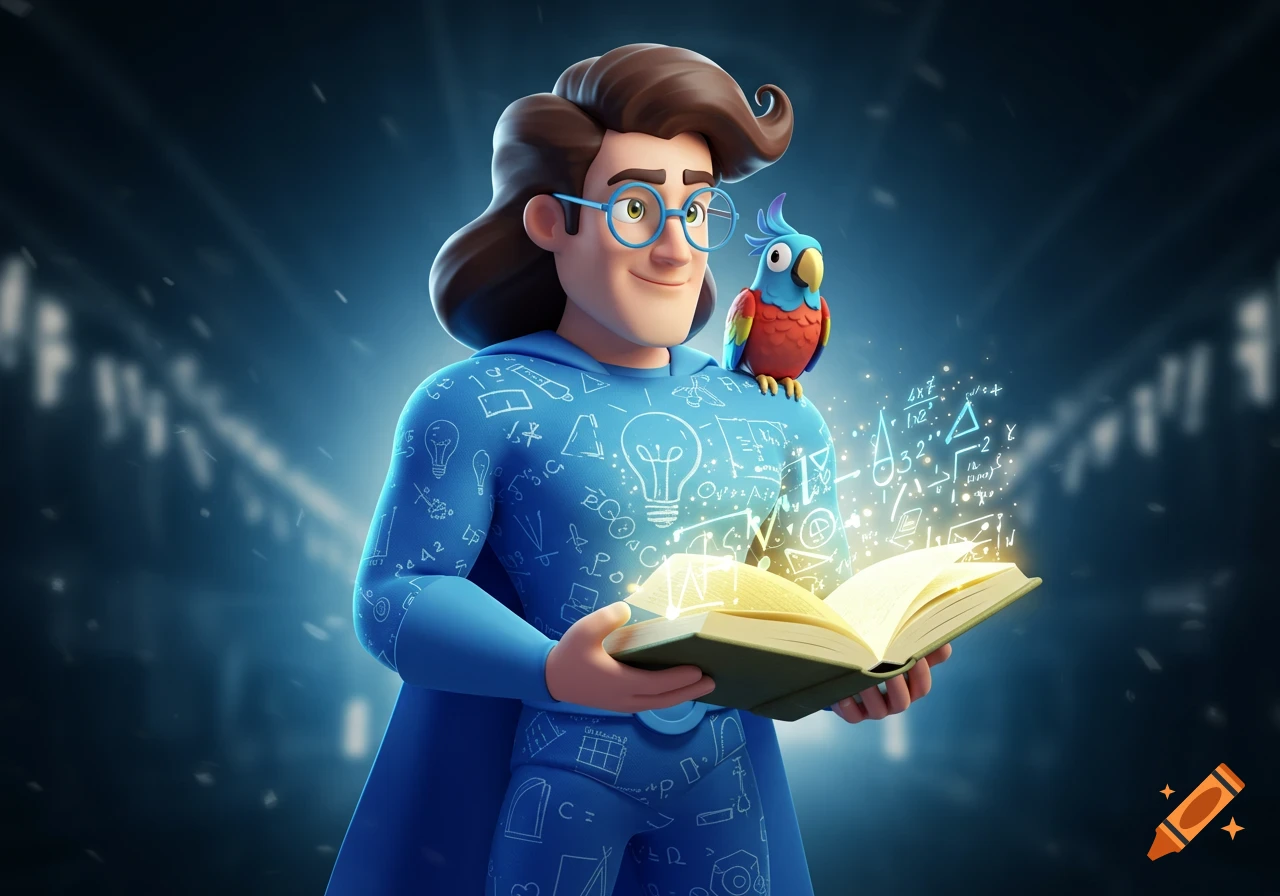 A 3D cartoon superhero with long brown hair, glasses, and a blue suit covered in scientific symbols, holds a glowing magical book with a colorful parrot on his shoulder.