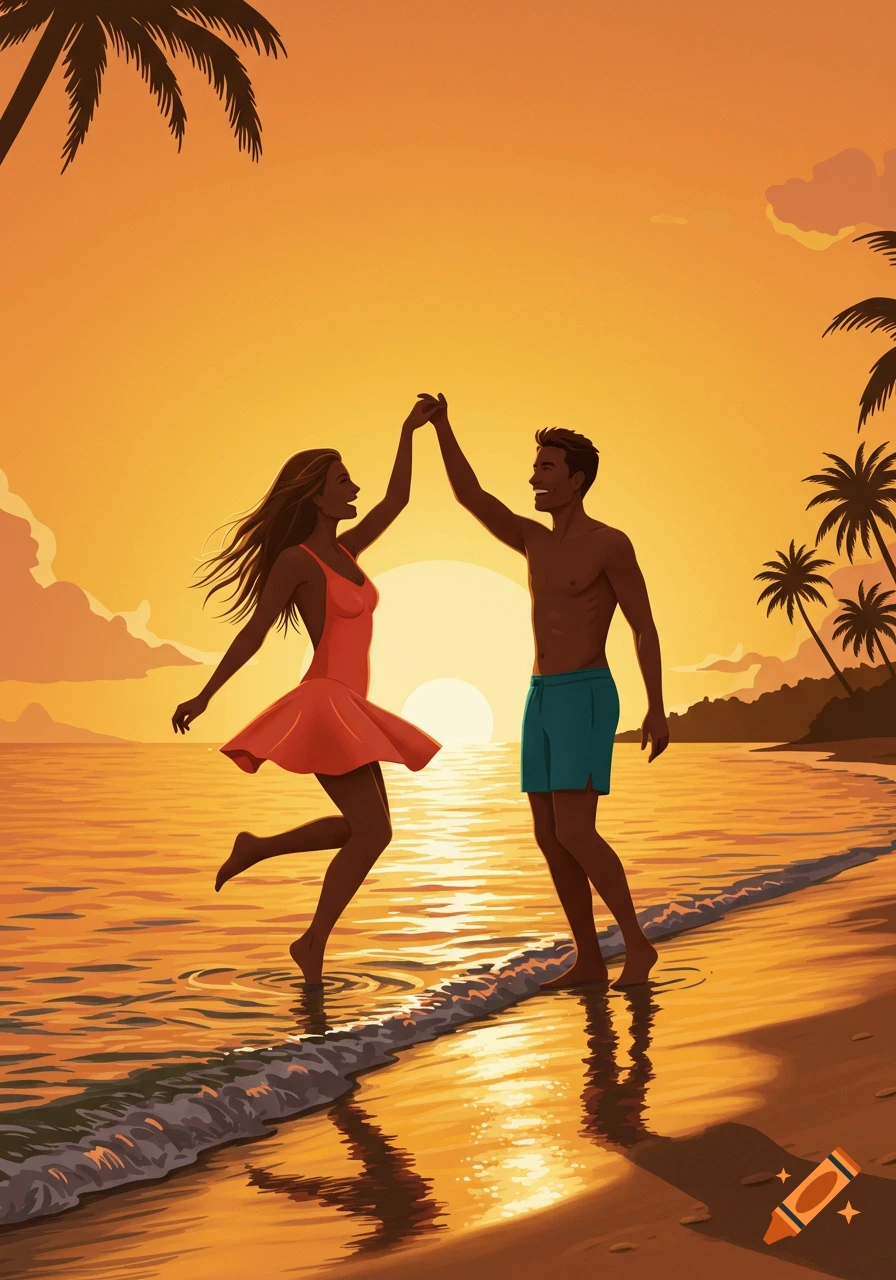 An illustrated couple dances in the shallow water on a beach at sunset, with palm trees silhouetted against the orange sky.