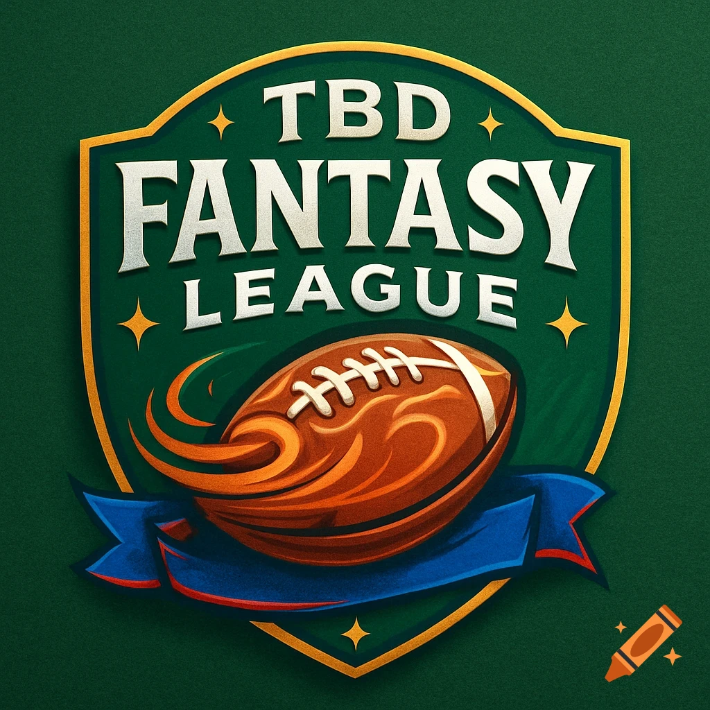 A stylized crest logo for a fantasy football league, featuring an American football on a blue banner with the text "TBD FANTASY LEAGUE" in white on a green shield background.